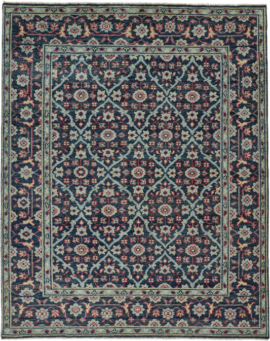 8' X 10' Blue Green And Red Wool Floral Hand Knotted Distressed Stain Resistant Area Rug With Fringe