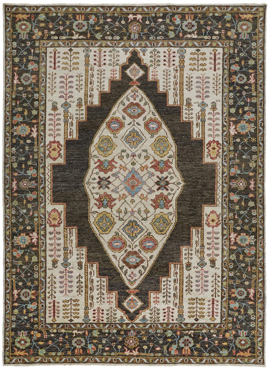 9' X 12' Brown Yellow And Green Wool Floral Hand Knotted Distressed Stain Resistant Area Rug With Fringe