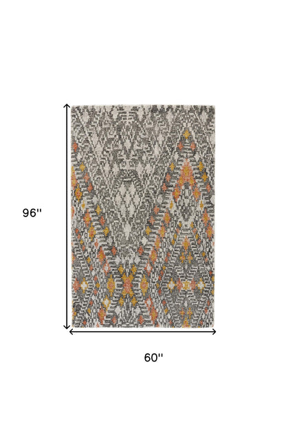 4' X 6' Gray Ivory And Orange Wool Geometric Tufted Handmade Area Rug