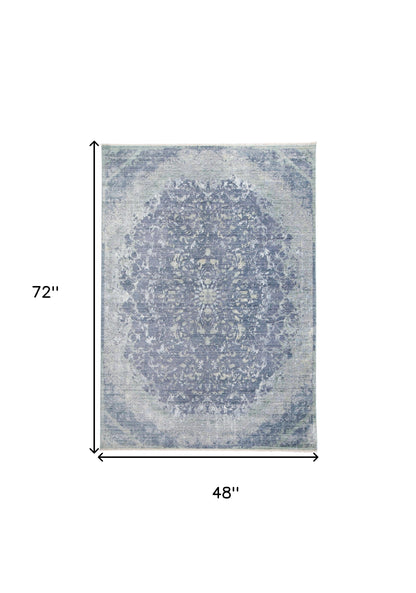4' X 6' Blue Gray And Silver Abstract Distressed Area Rug With Fringe