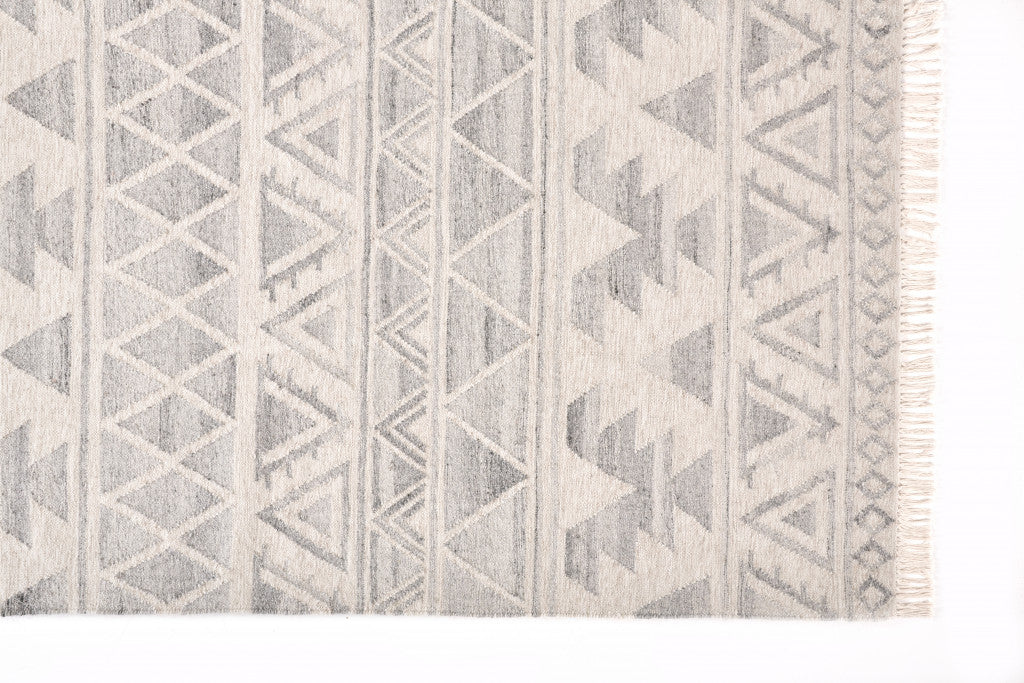 5' X 8' Ivory Gray And Blue Wool Geometric Dhurrie Flatweave Handmade Area Rug With Fringe