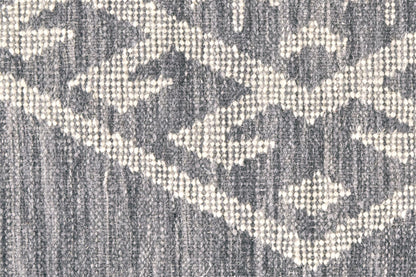 5' X 8' Gray Ivory And Blue Wool Geometric Dhurrie Flatweave Handmade Area Rug With Fringe