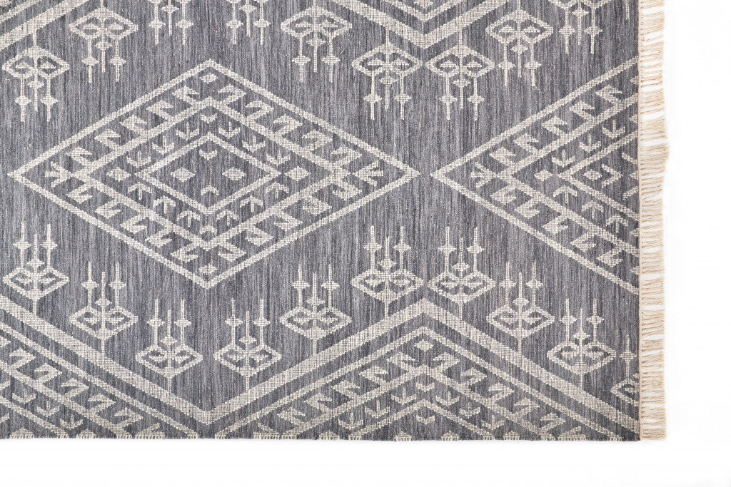 5' X 8' Gray Ivory And Blue Wool Geometric Dhurrie Flatweave Handmade Area Rug With Fringe