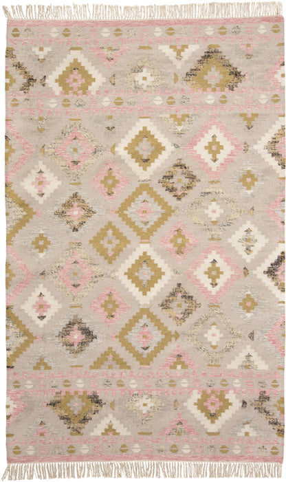 10' X 14' Pink Gold And Taupe Wool Geometric Dhurrie Flatweave Handmade Area Rug With Fringe