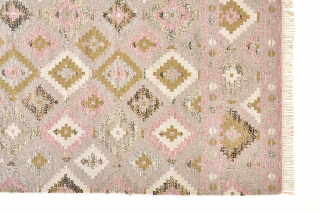 10' X 14' Pink Gold And Taupe Wool Geometric Dhurrie Flatweave Handmade Area Rug With Fringe