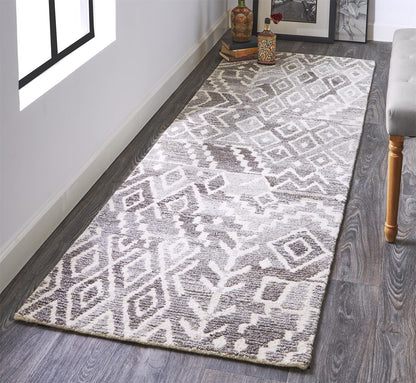 8' Gray And White Wool Abstract Tufted Handmade Runner Rug