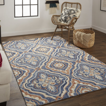 5' X 8' Blue Orange And Ivory Wool Geometric Tufted Handmade Stain Resistant Area Rug