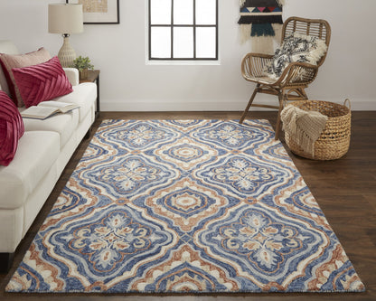 5' X 8' Blue Orange And Ivory Wool Geometric Tufted Handmade Stain Resistant Area Rug