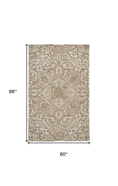 5' X 8' Ivory And Brown Wool Floral Tufted Handmade Stain Resistant Area Rug