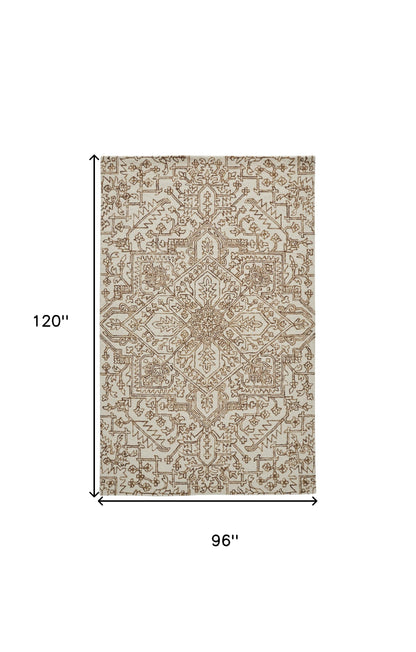 5' X 8' Ivory And Brown Wool Floral Tufted Handmade Stain Resistant Area Rug