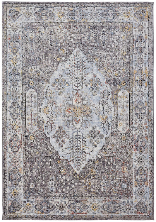 10' X 13' Gray Blue And Gold Floral Stain Resistant Area Rug