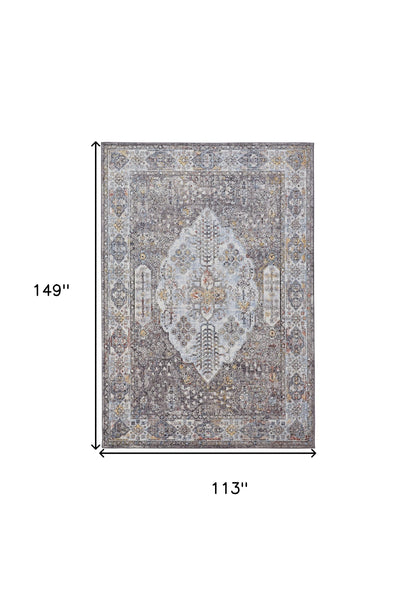 10' X 13' Gray Blue And Gold Floral Stain Resistant Area Rug