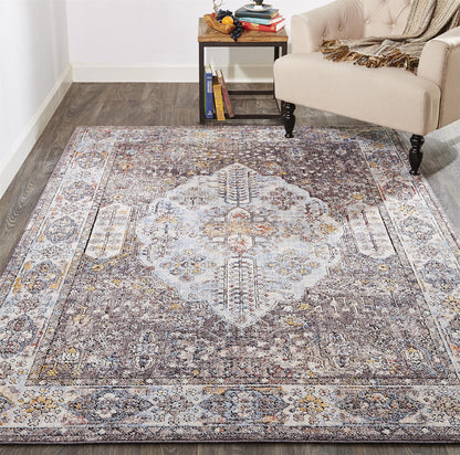 10' X 13' Gray Blue And Gold Floral Stain Resistant Area Rug