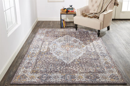 10' X 13' Gray Blue And Gold Floral Stain Resistant Area Rug