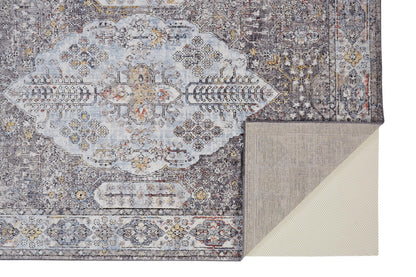10' X 13' Gray Blue And Gold Floral Stain Resistant Area Rug