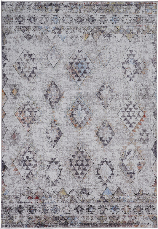 4' X 6' Gray Taupe And Blue Geometric Stain Resistant Area Rug