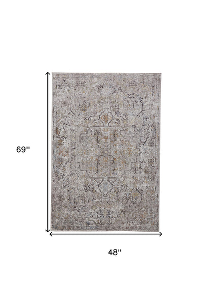 4' X 6' Gray Taupe And Yellow Abstract Stain Resistant Area Rug