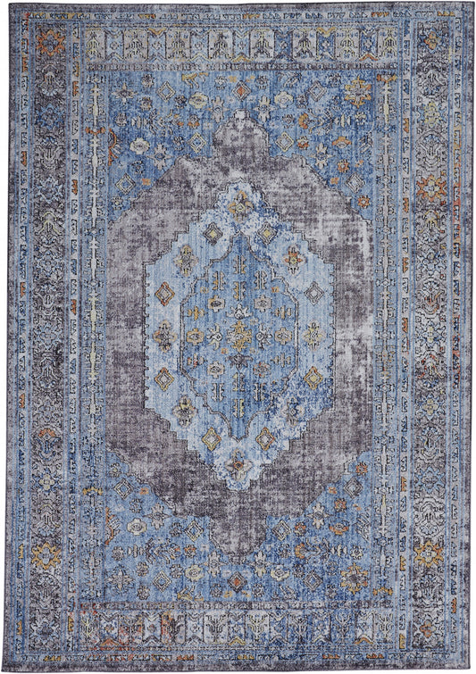 5' X 8' Blue Gray And Gold Floral Stain Resistant Area Rug