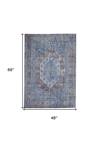 5' X 8' Blue Gray And Gold Floral Stain Resistant Area Rug