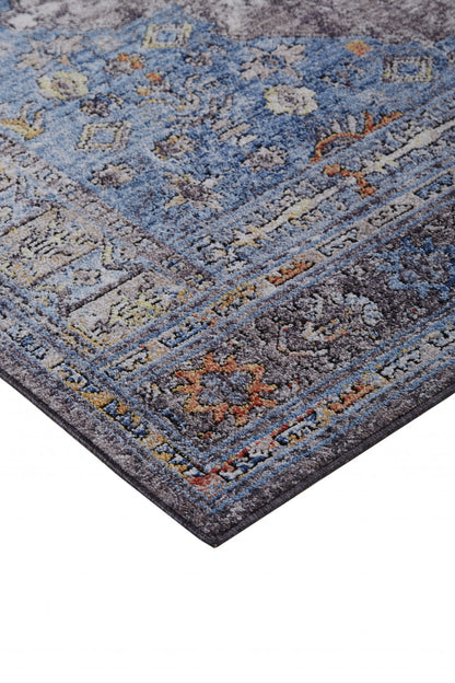 5' X 8' Blue Gray And Gold Floral Stain Resistant Area Rug