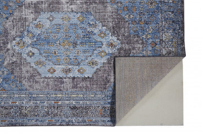 5' X 8' Blue Gray And Gold Floral Stain Resistant Area Rug