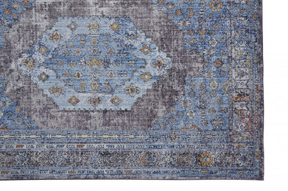 5' X 8' Blue Gray And Gold Floral Stain Resistant Area Rug
