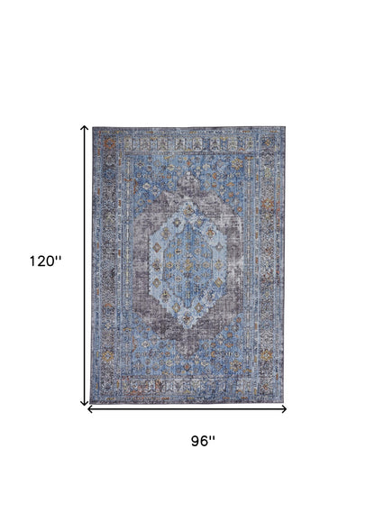 5' X 8' Blue Gray And Gold Floral Stain Resistant Area Rug