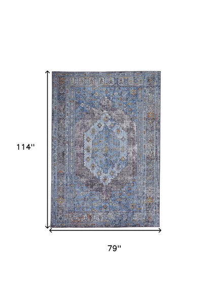 5' X 8' Blue Gray And Gold Floral Stain Resistant Area Rug