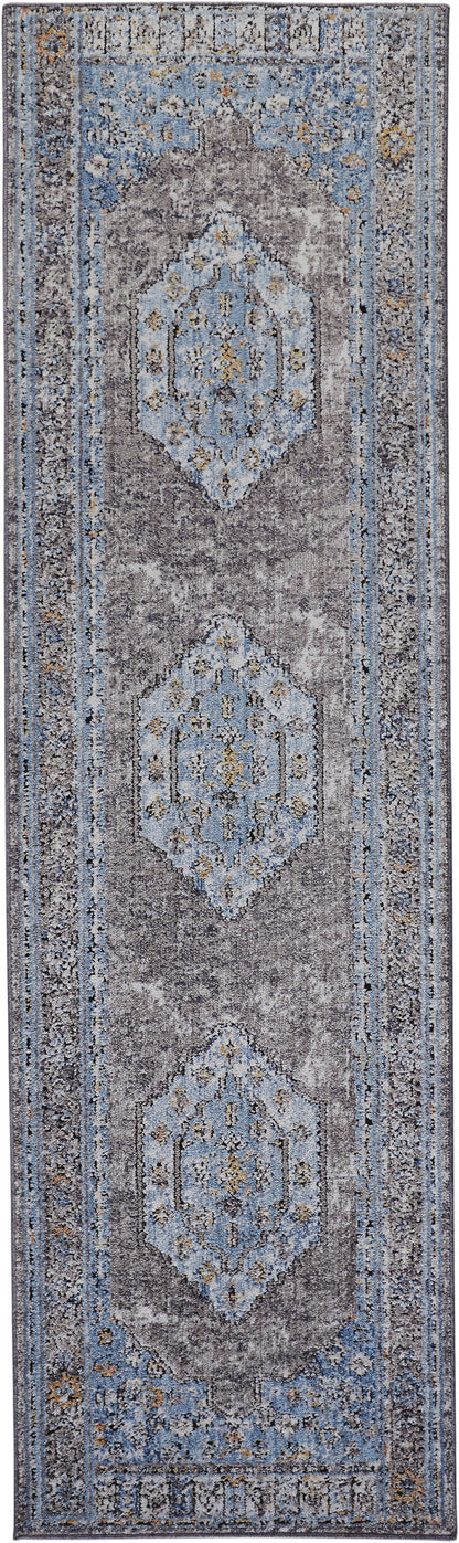 5' X 8' Blue Gray And Gold Floral Stain Resistant Area Rug