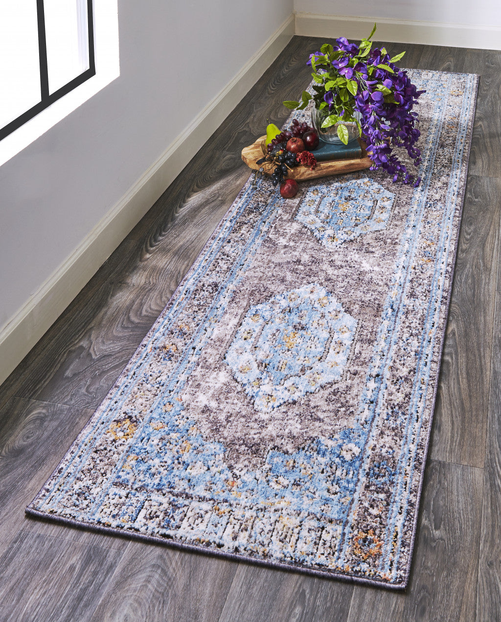 5' X 8' Blue Gray And Gold Floral Stain Resistant Area Rug