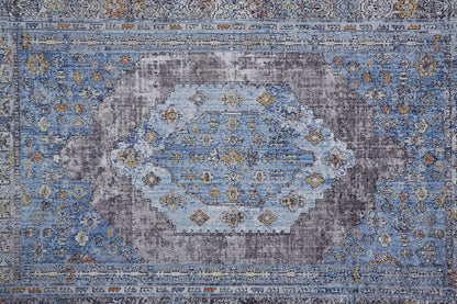 5' X 8' Blue Gray And Gold Floral Stain Resistant Area Rug