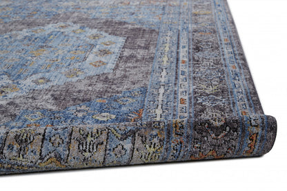 5' X 8' Blue Gray And Gold Floral Stain Resistant Area Rug