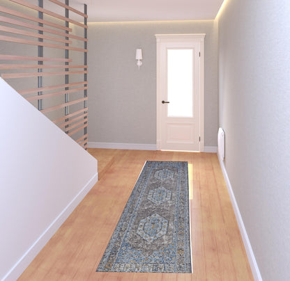 5' X 8' Blue Gray And Gold Floral Stain Resistant Area Rug