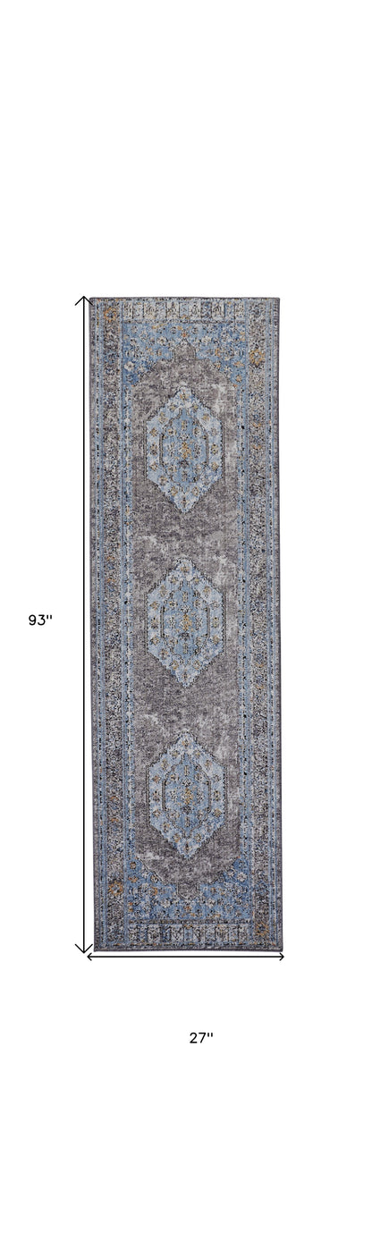5' X 8' Blue Gray And Gold Floral Stain Resistant Area Rug
