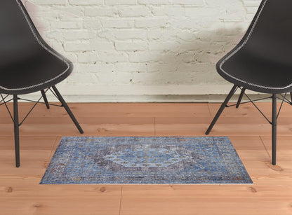 5' X 8' Blue Gray And Gold Floral Stain Resistant Area Rug