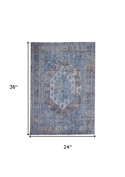 5' X 8' Blue Gray And Gold Floral Stain Resistant Area Rug