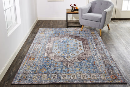 5' X 8' Blue Gray And Gold Floral Stain Resistant Area Rug