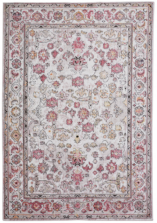 4' X 6' Ivory Pink And Gray Floral Stain Resistant Area Rug