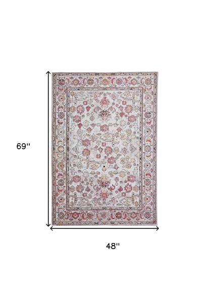 4' X 6' Ivory Pink And Gray Floral Stain Resistant Area Rug