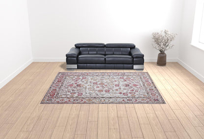 4' X 6' Ivory Pink And Gray Floral Stain Resistant Area Rug
