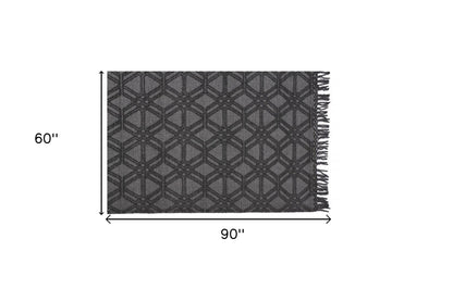 5' X 8' Black And Gray Wool Geometric Hand Woven Area Rug With Fringe