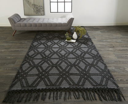 5' X 8' Black And Gray Wool Geometric Hand Woven Area Rug With Fringe