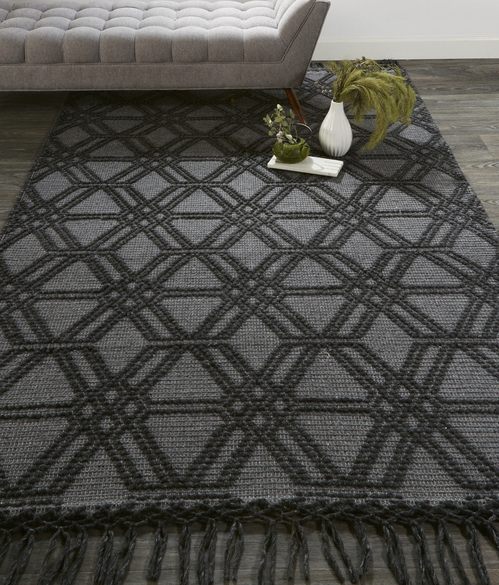 5' X 8' Black And Gray Wool Geometric Hand Woven Area Rug With Fringe
