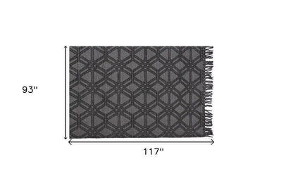 5' X 8' Black And Gray Wool Geometric Hand Woven Area Rug With Fringe