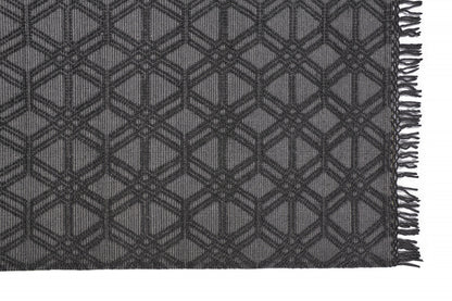 5' X 8' Black And Gray Wool Geometric Hand Woven Area Rug With Fringe