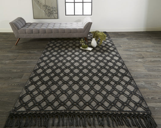 4' X 6' Black And Ivory Wool Geometric Hand Woven Area Rug With Fringe