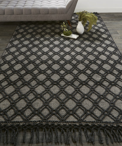 4' X 6' Black And Ivory Wool Geometric Hand Woven Area Rug With Fringe
