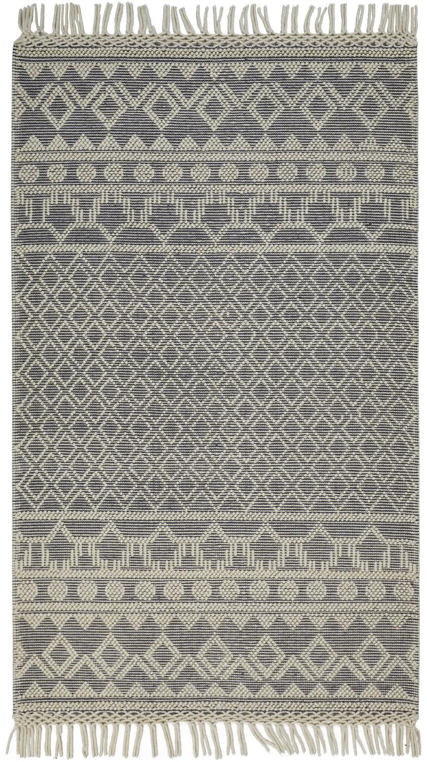4' X 6' Gray And Ivory Wool Geometric Hand Woven Area Rug With Fringe
