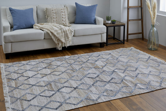 4' X 6' Gray Ivory And Tan Geometric Hand Woven Stain Resistant Area Rug With Fringe
