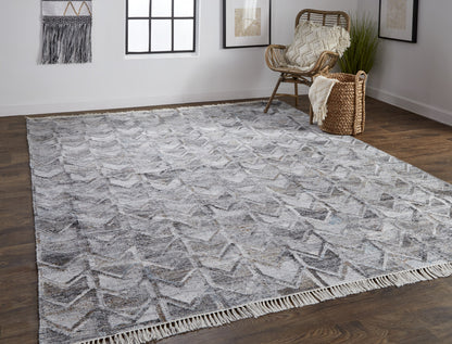 4' X 6' Gray Silver And Taupe Geometric Hand Woven Stain Resistant Area Rug With Fringe